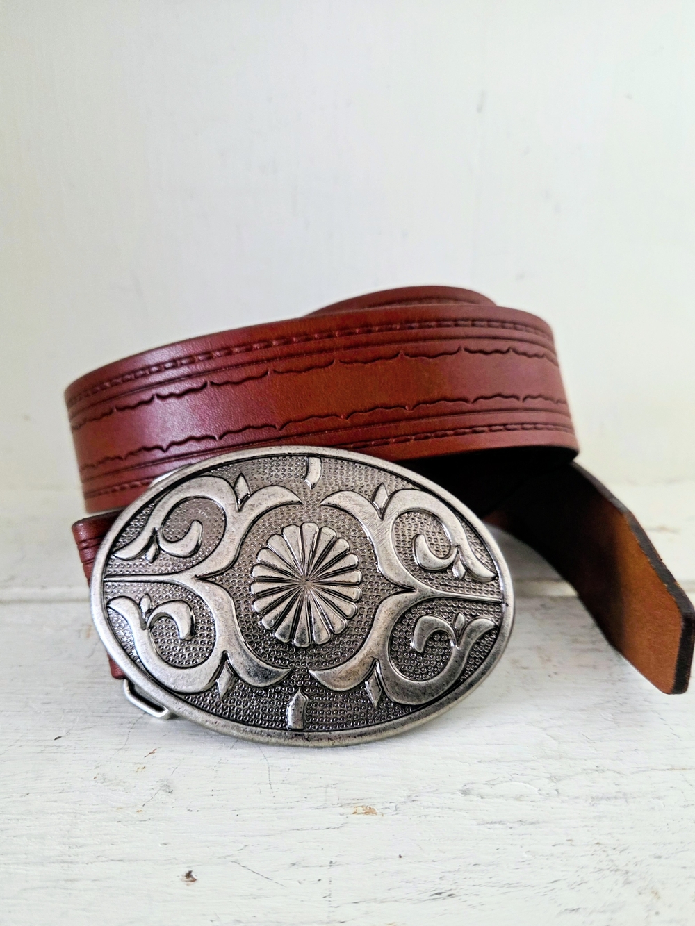 Express Red-Brown Leather Belt with Ornate Silver Buckle Italian Leather